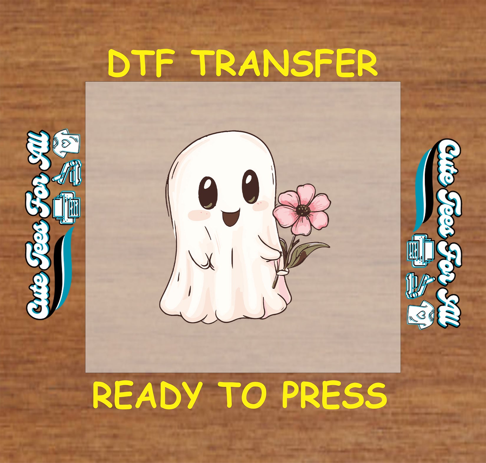 Halloween ghost holding pink flower ready to press DTF transfer for DIY shirts