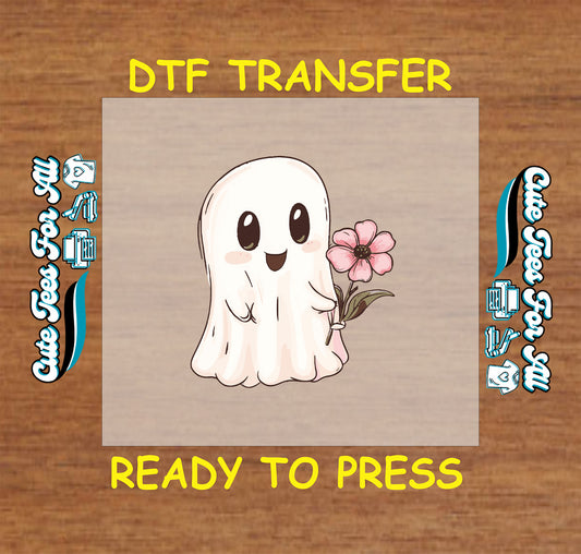Halloween ghost holding pink flower ready to press DTF transfer for DIY shirts