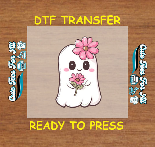Halloween ghost with pink flowers ready to press DTF transfer for DIY shirts