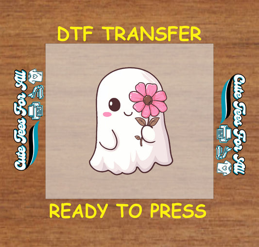 Halloween ghost holding pink flower ready to press DTF transfer for DIY shirts