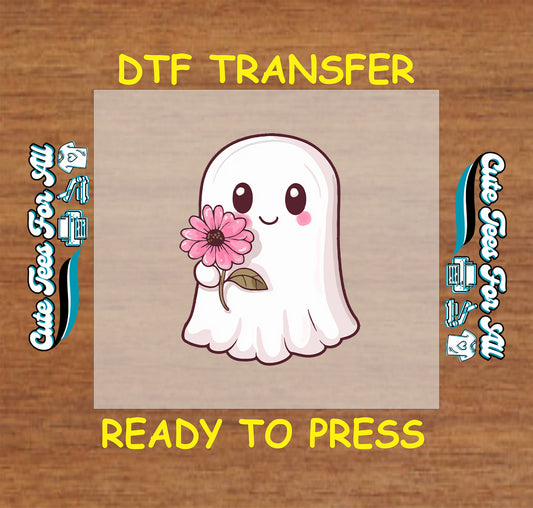 Halloween ghost holding pink daisy ready to press DTF transfer for DIY shirts