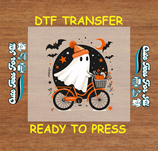 Halloween ghost riding bicycle with pumpkins and bats ready to press DTF transfer for DIY shirts