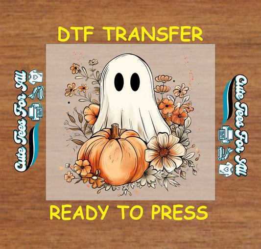Halloween ghost with pumpkins and fall flowers ready to press DTF transfer for DIY shirts