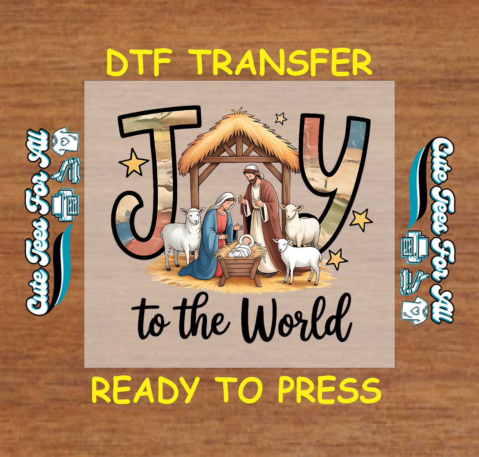 Christmas nativity DTF transfer Joy to the World manger scene ready to press heat transfer for DIY shirts.