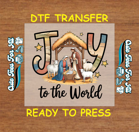 Christmas nativity DTF transfer Joy to the World manger scene ready to press heat transfer for DIY shirts.