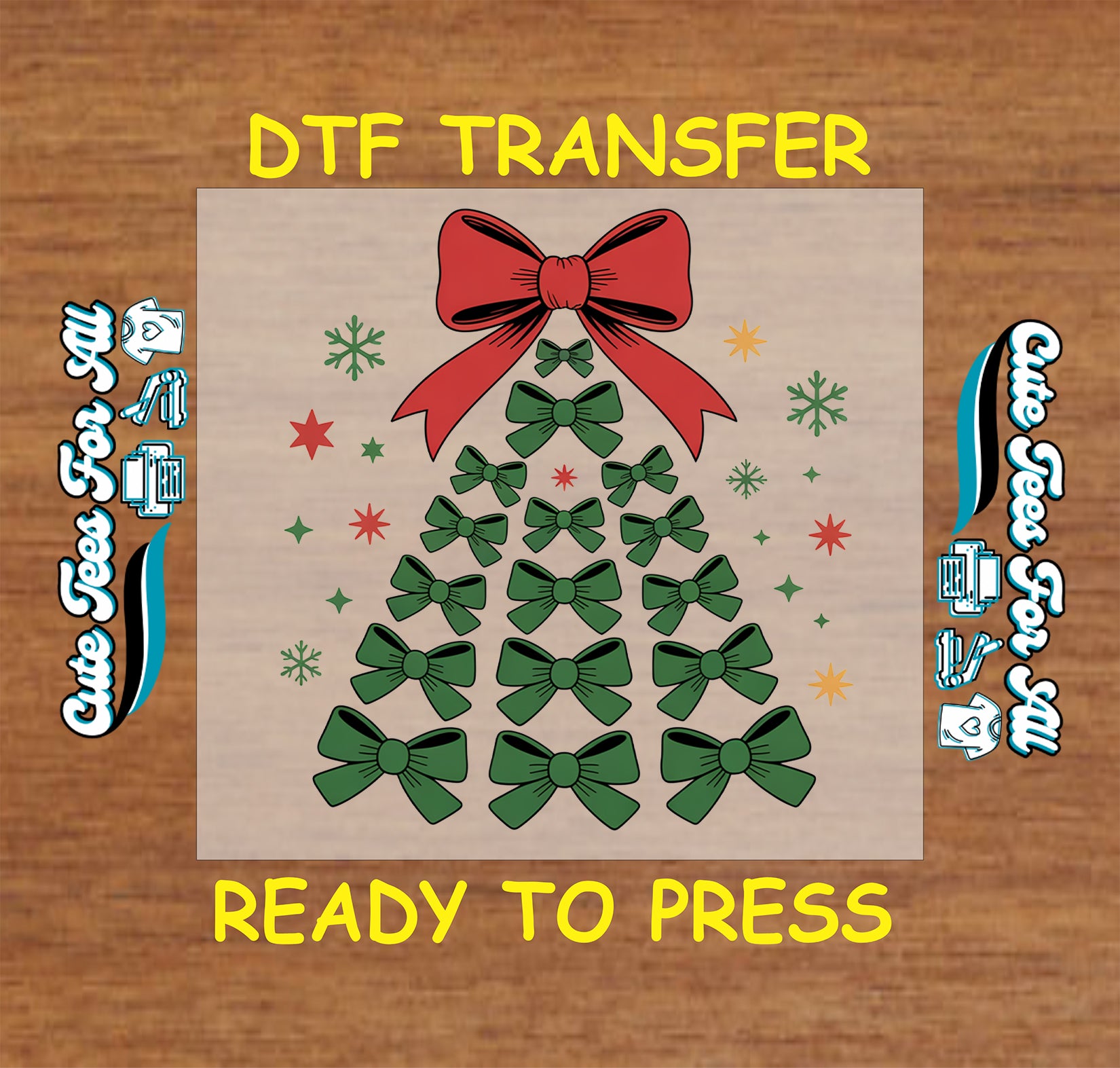 Christmas DTF transfer with green bow tree and red bow topper, ready to press heat transfer for DIY shirts.