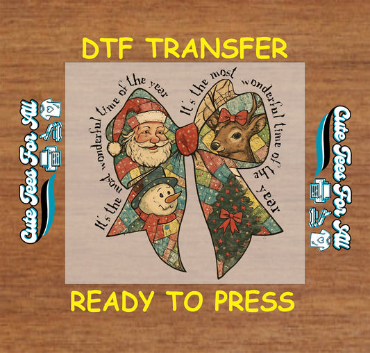 Christmas DTF transfer vintage patchwork bow with Santa, snowman, reindeer, and phrase It’s the most wonderful time of the year.
