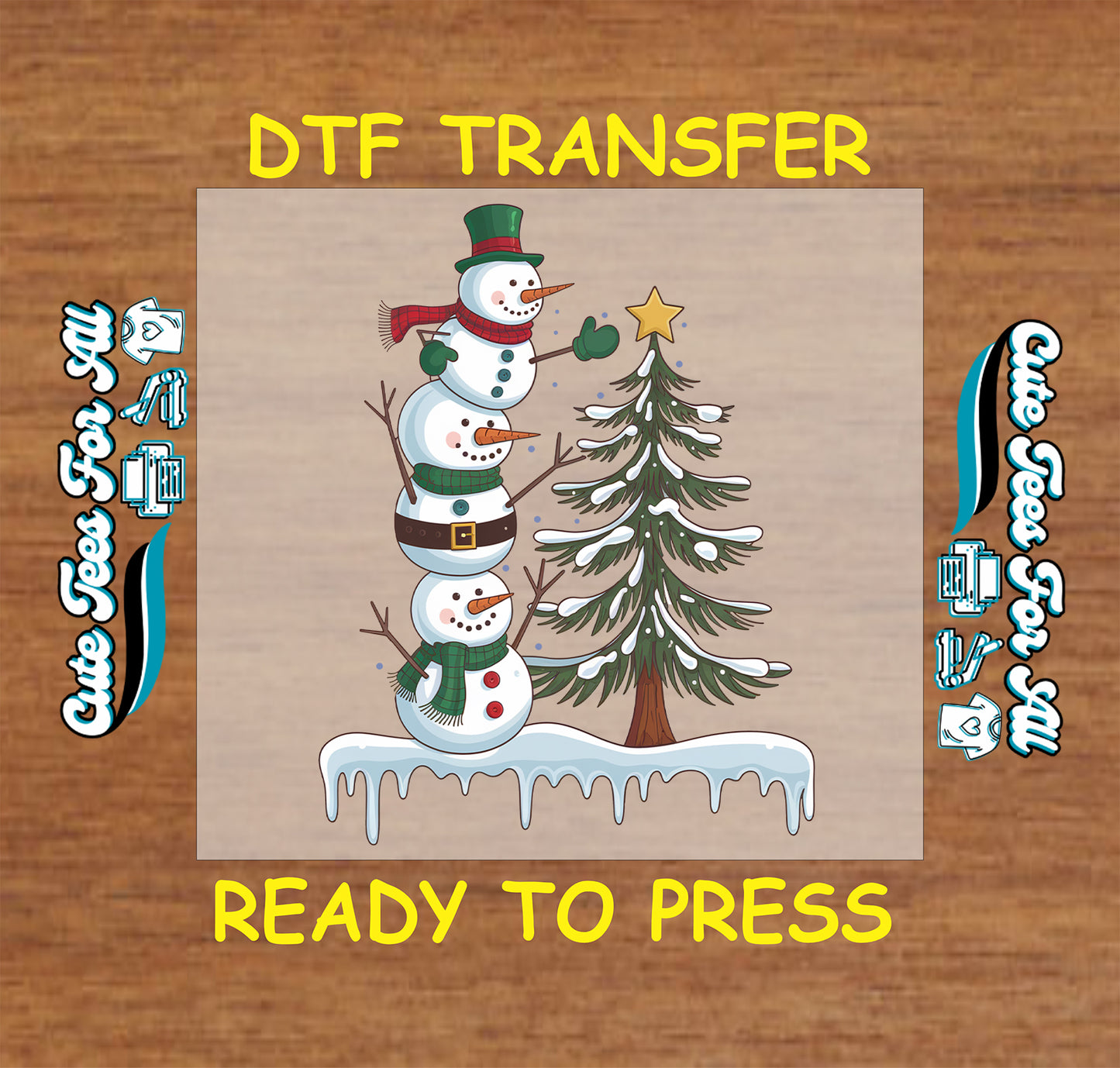 Christmas dtf transfer with stacked snowmen and Christmas tree, ready to press dtf