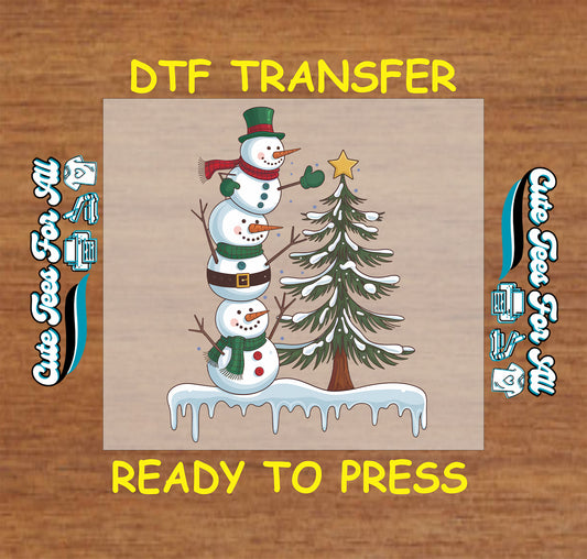 Christmas dtf transfer with stacked snowmen and Christmas tree, ready to press dtf