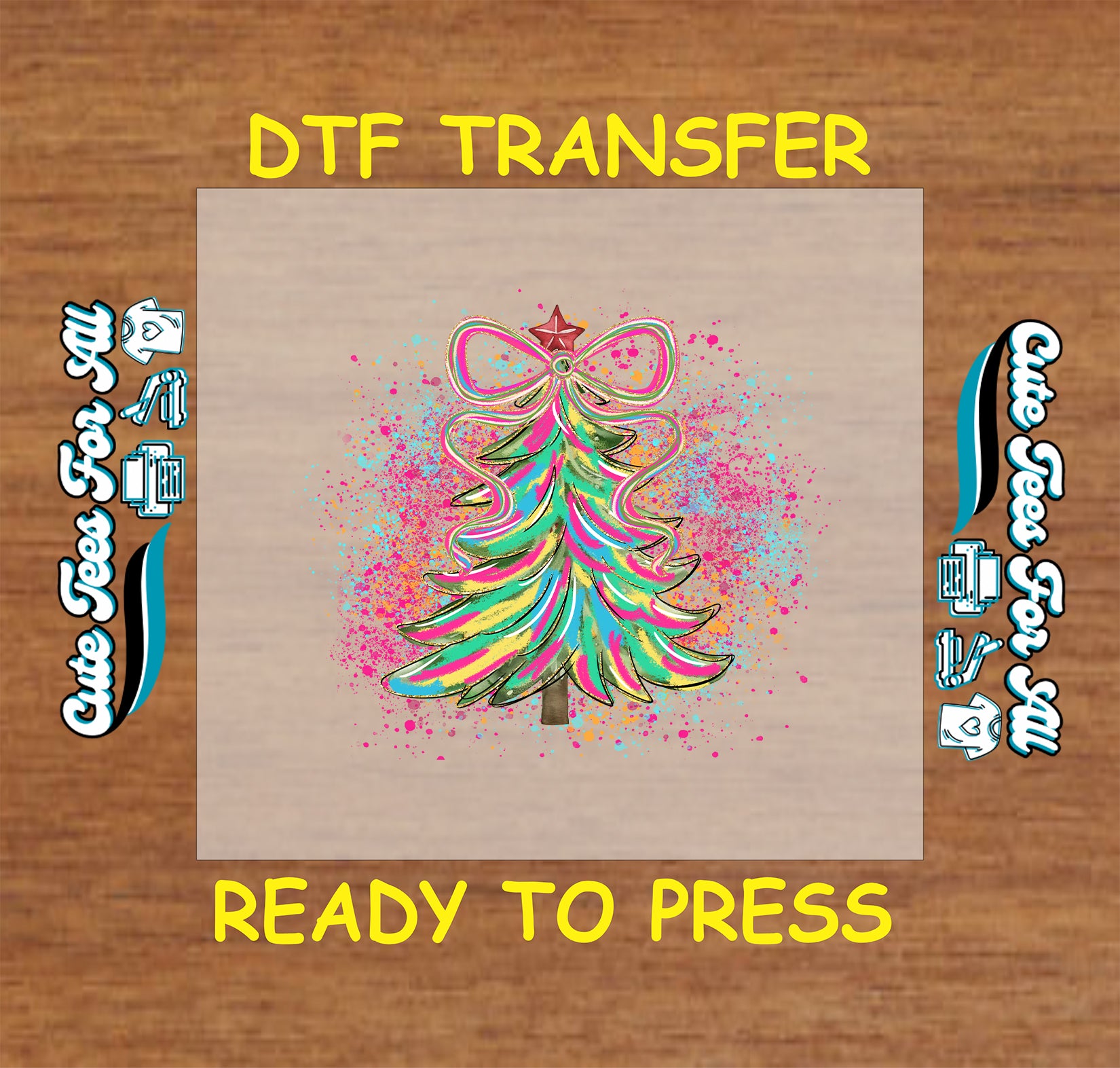Colorful Christmas tree with bow and splatter background ready to press dtf transfer