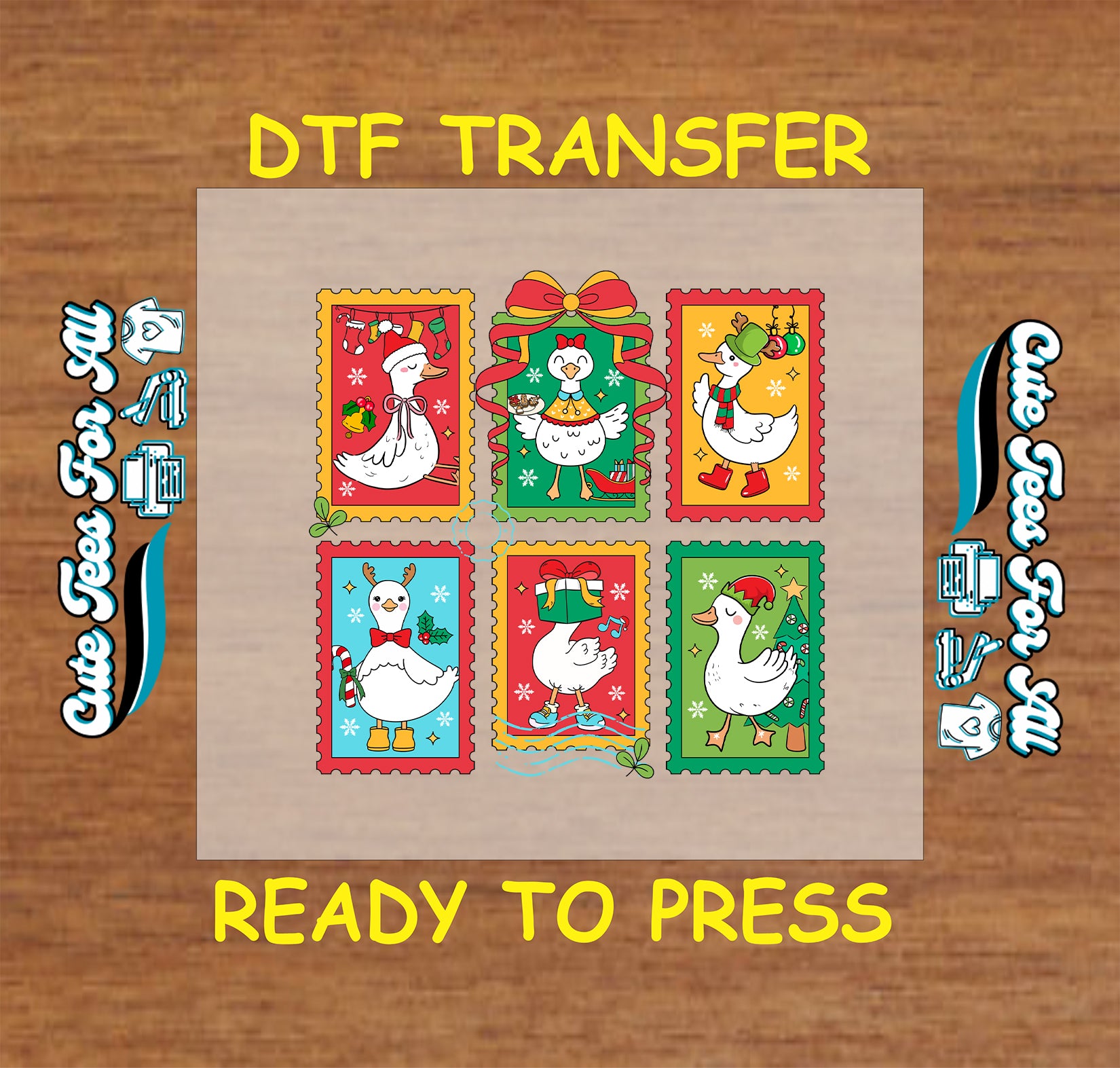 Christmas DTF transfer with six festive geese in holiday outfits styled as postage stamps, ready to press iron on heat transfer for DIY shirts.