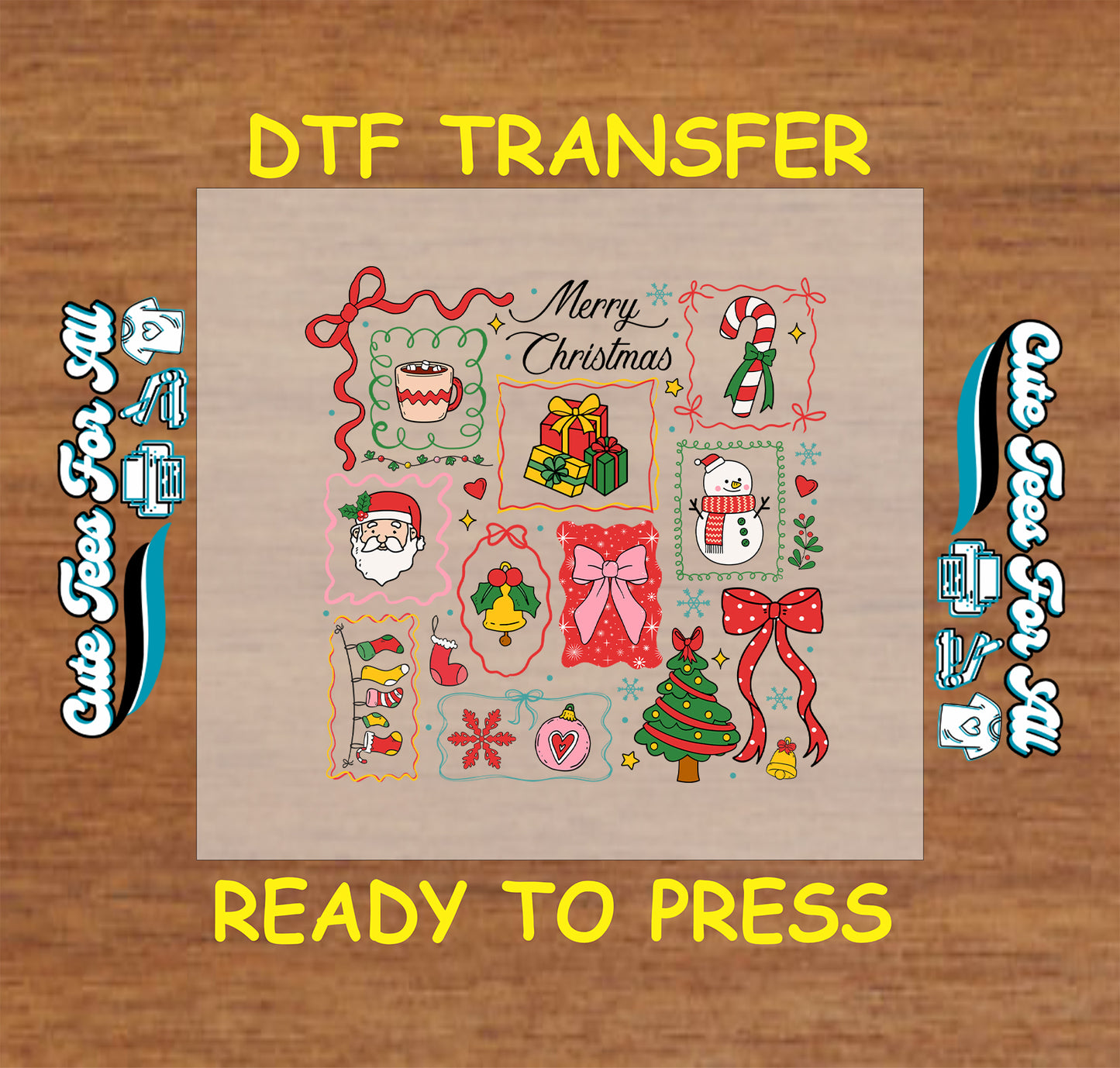 Christmas DTF transfer with retro icons including tree, Santa, snowman, candy cane, presents, bows, and Merry Christmas text, ready to press dtf