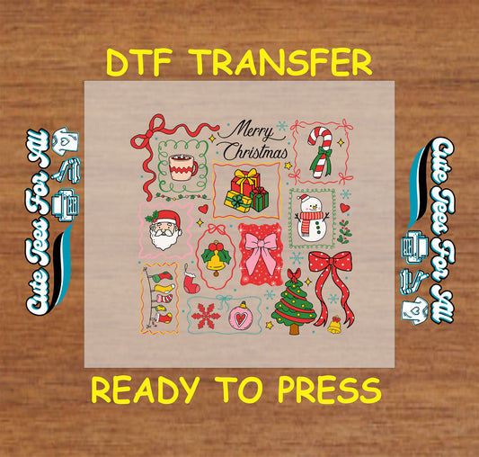 Christmas DTF transfer with retro icons including tree, Santa, snowman, candy cane, presents, bows, and Merry Christmas text, ready to press dtf