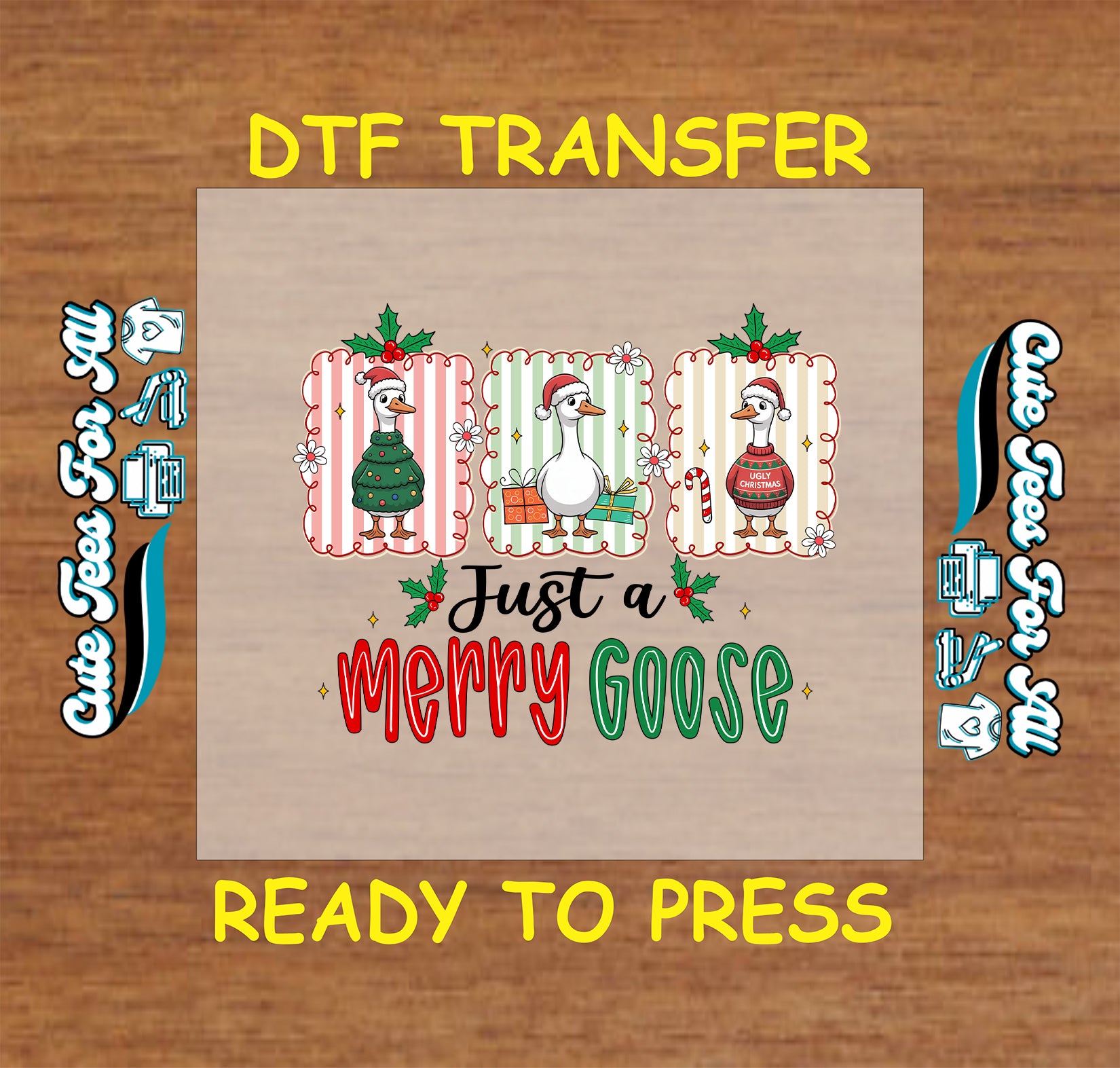 Christmas DTF transfer with three festive geese and phrase Just a Merry Goose, ready to press dtf heat transfer for diy shirts