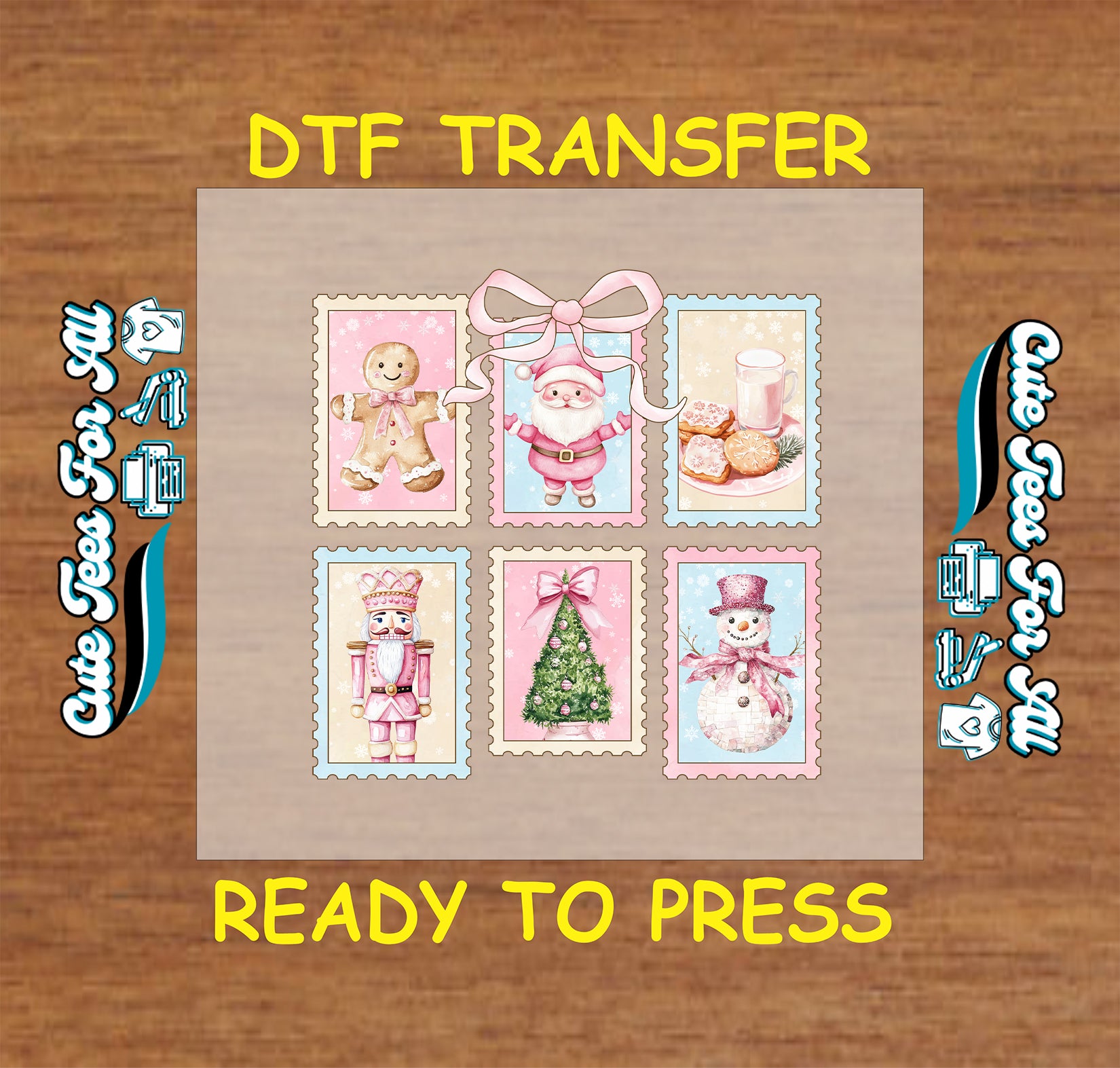 Christmas DTF transfer with pastel retro stamps featuring Santa, tree, nutcracker, snowman, gingerbread, and milk & cookies, ready to press dtf