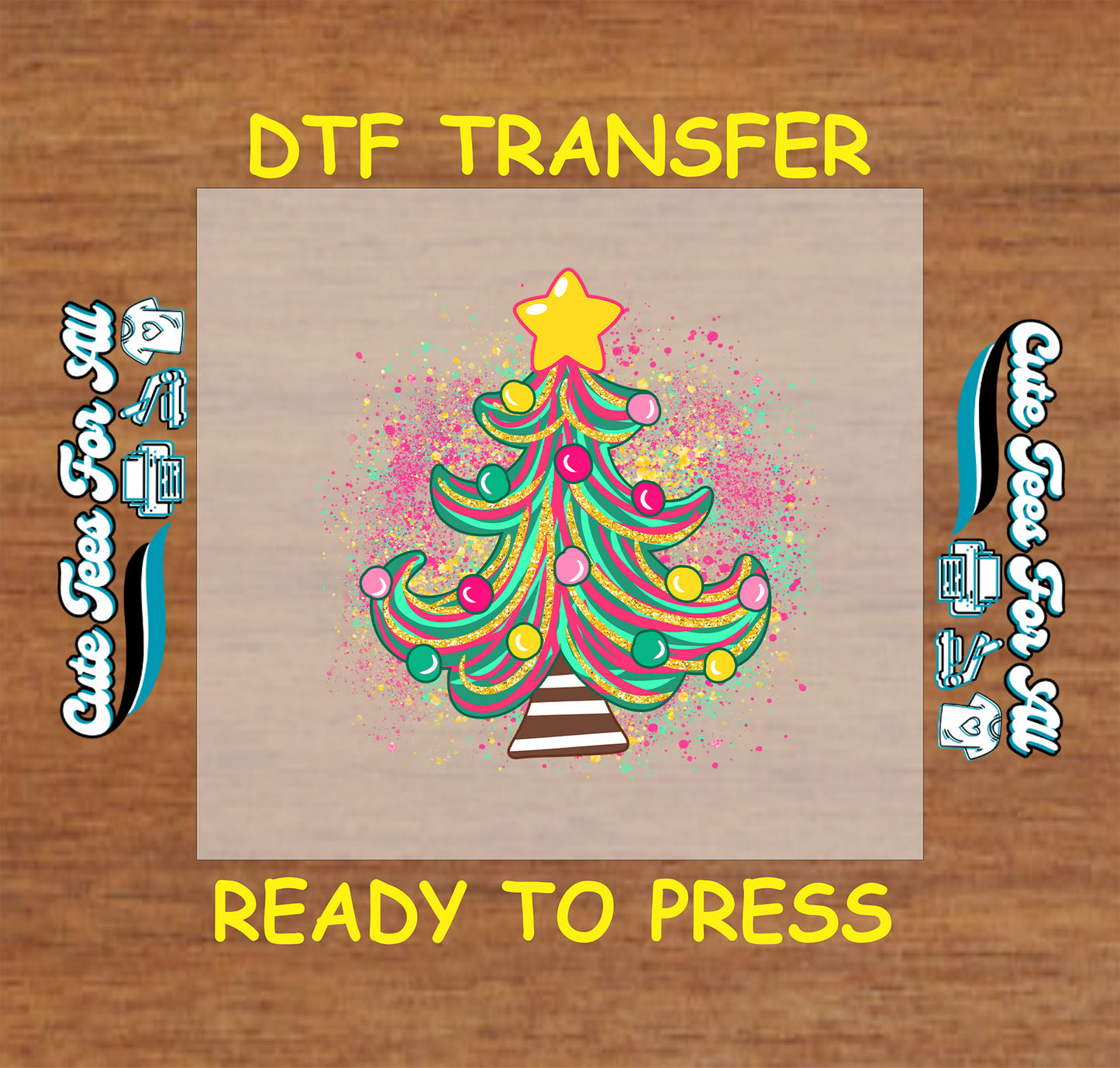 Christmas DTF transfer with colorful retro Christmas tree, star topper, and splatter background, ready to press dtf heat transfer for diy shirts