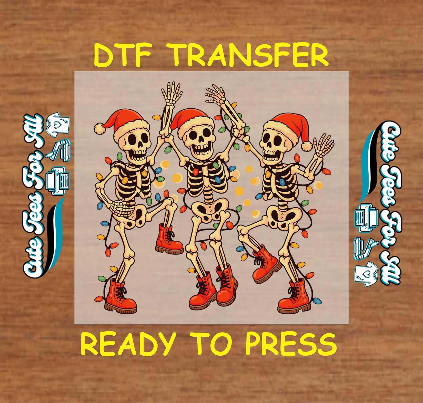 Christmas DTF transfer with three dancing skeletons in Santa hats and red boots wrapped in holiday lights, ready to press dtf heat transfer for diy shirts