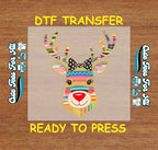 Christmas DTF Transfer – Colorful Reindeer Head with Bow Funny Holiday Ready to Press Iron On Heat Transfer for DIY Shirts 11601