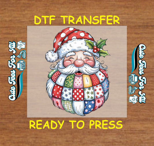 Christmas DTF transfer with Santa Claus face, patchwork quilt beard, red polka dot hat, and holly accents, ready to press dtf heat transfer for diy shirts