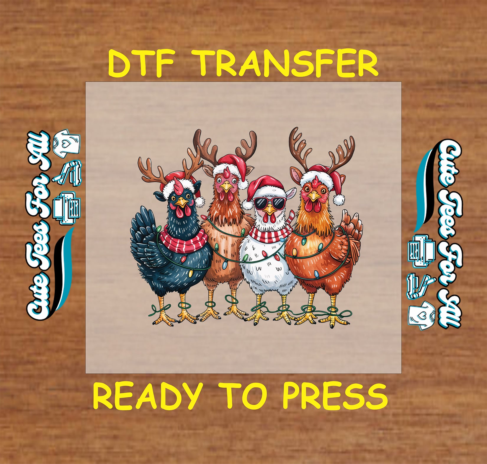 Christmas chickens with Santa hats and reindeer antlers ready to press DTF transfer for DIY shirts