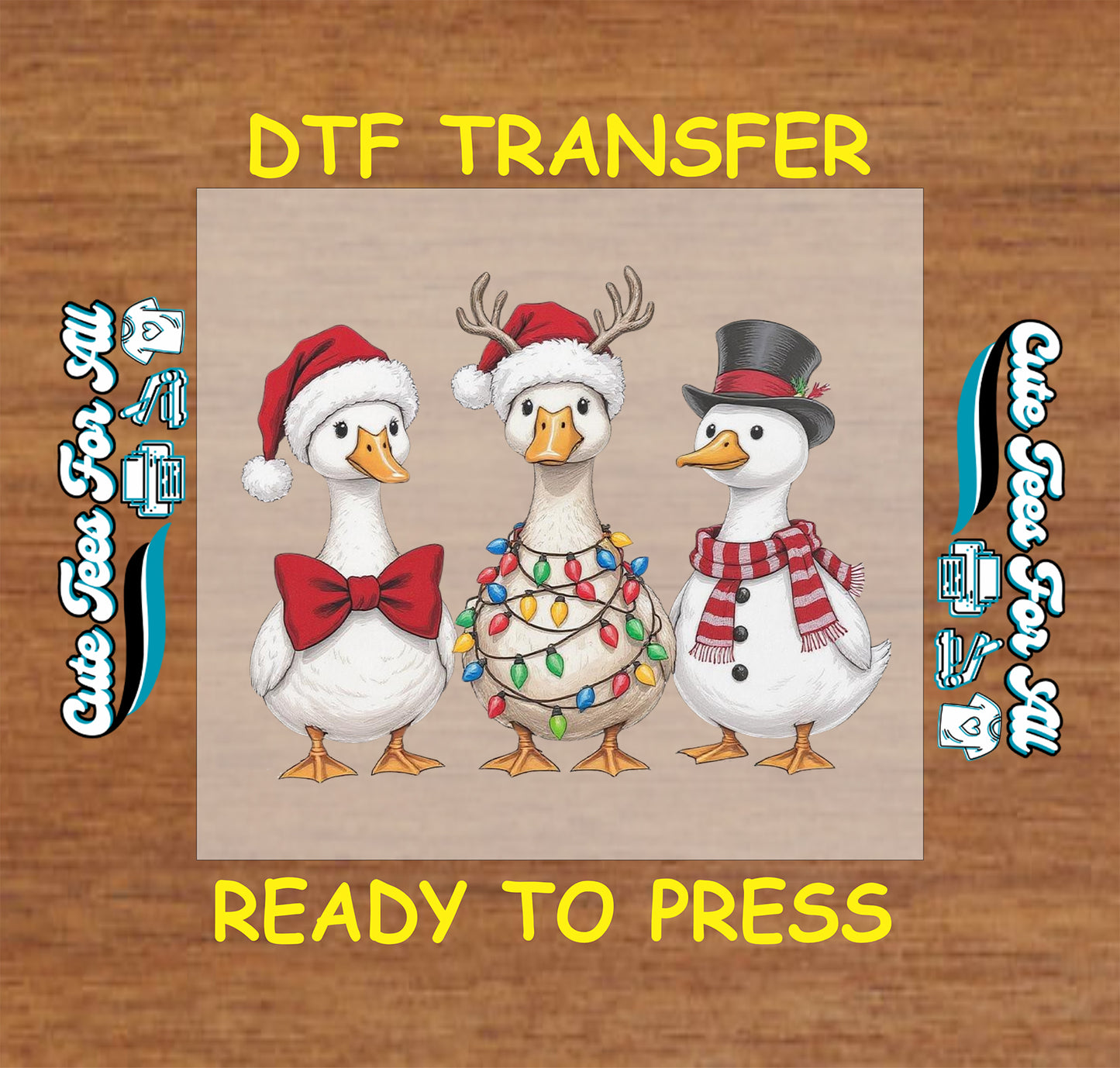 Christmas ready to press DTF transfer with three festive geese in Santa hats, red bow, lights, reindeer antlers, top hat, scarf, and holiday accessories.