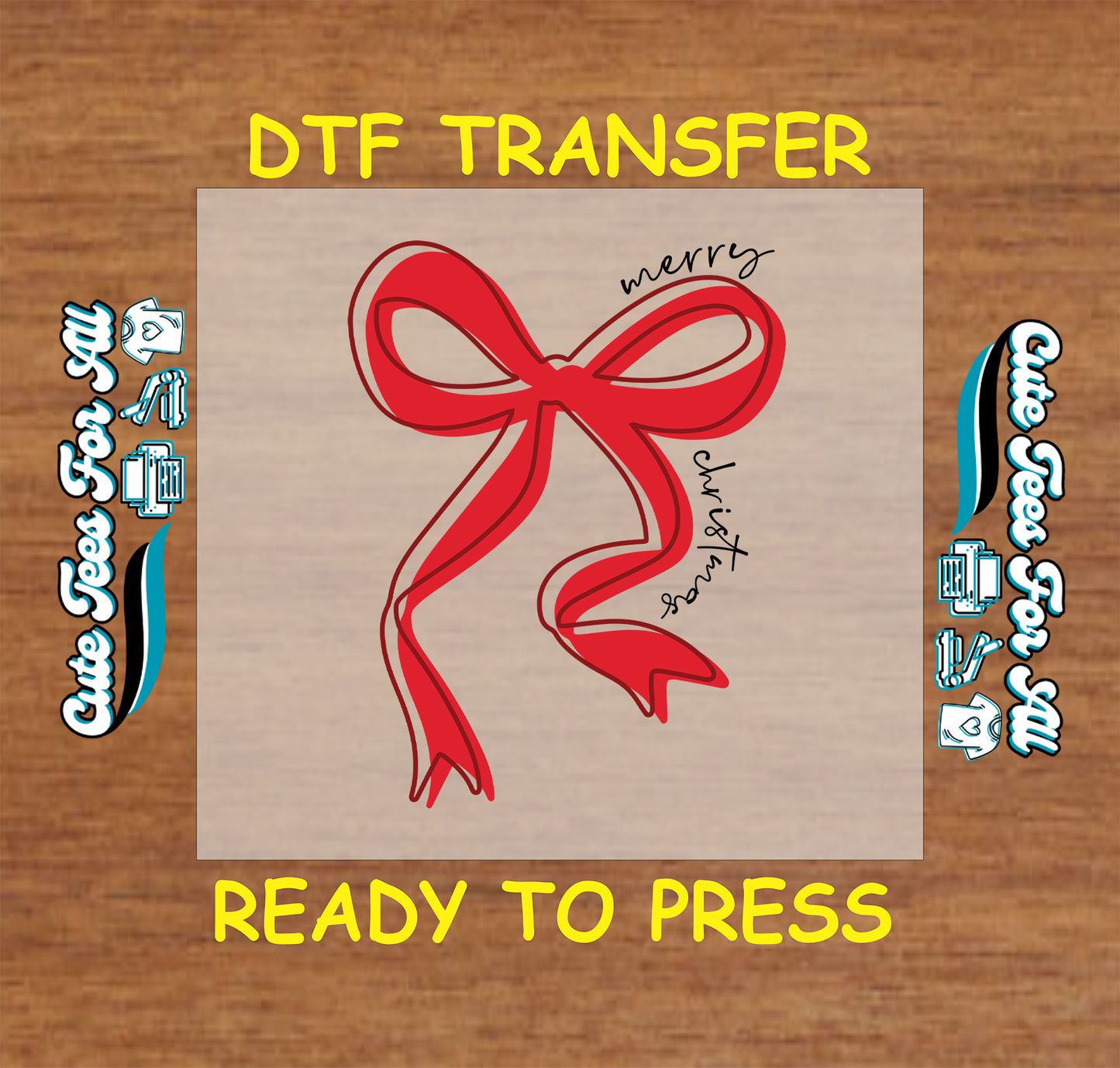 Christmas ready to press DTF transfer with red bow and handwritten script that says Merry Christmas.