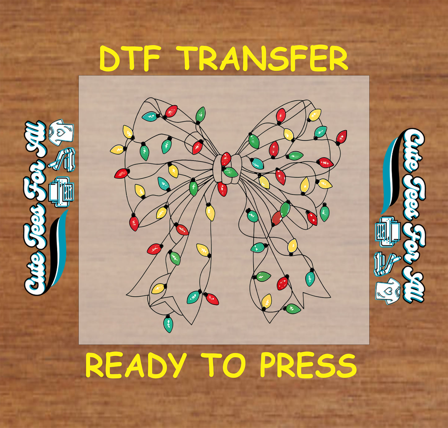 Christmas ready to press DTF transfer with a bow made of colorful Christmas lights in red, green, yellow, and blue.