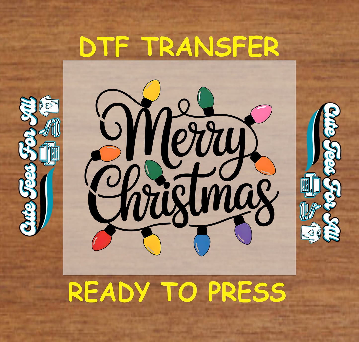 Christmas ready to press DTF transfer with Merry Christmas text and colorful holiday lights.