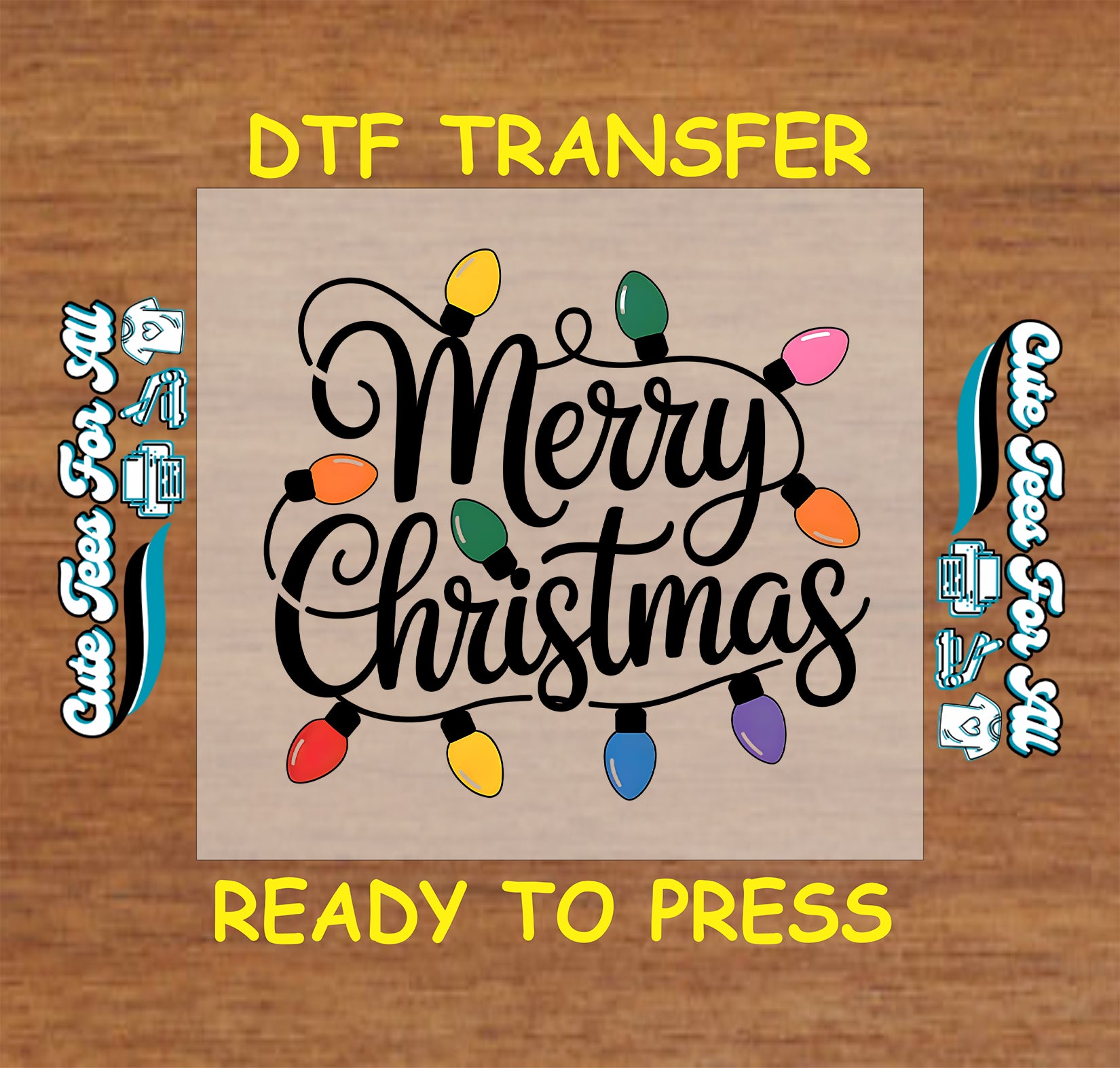 Christmas ready to press DTF transfer with Merry Christmas text and colorful holiday lights.