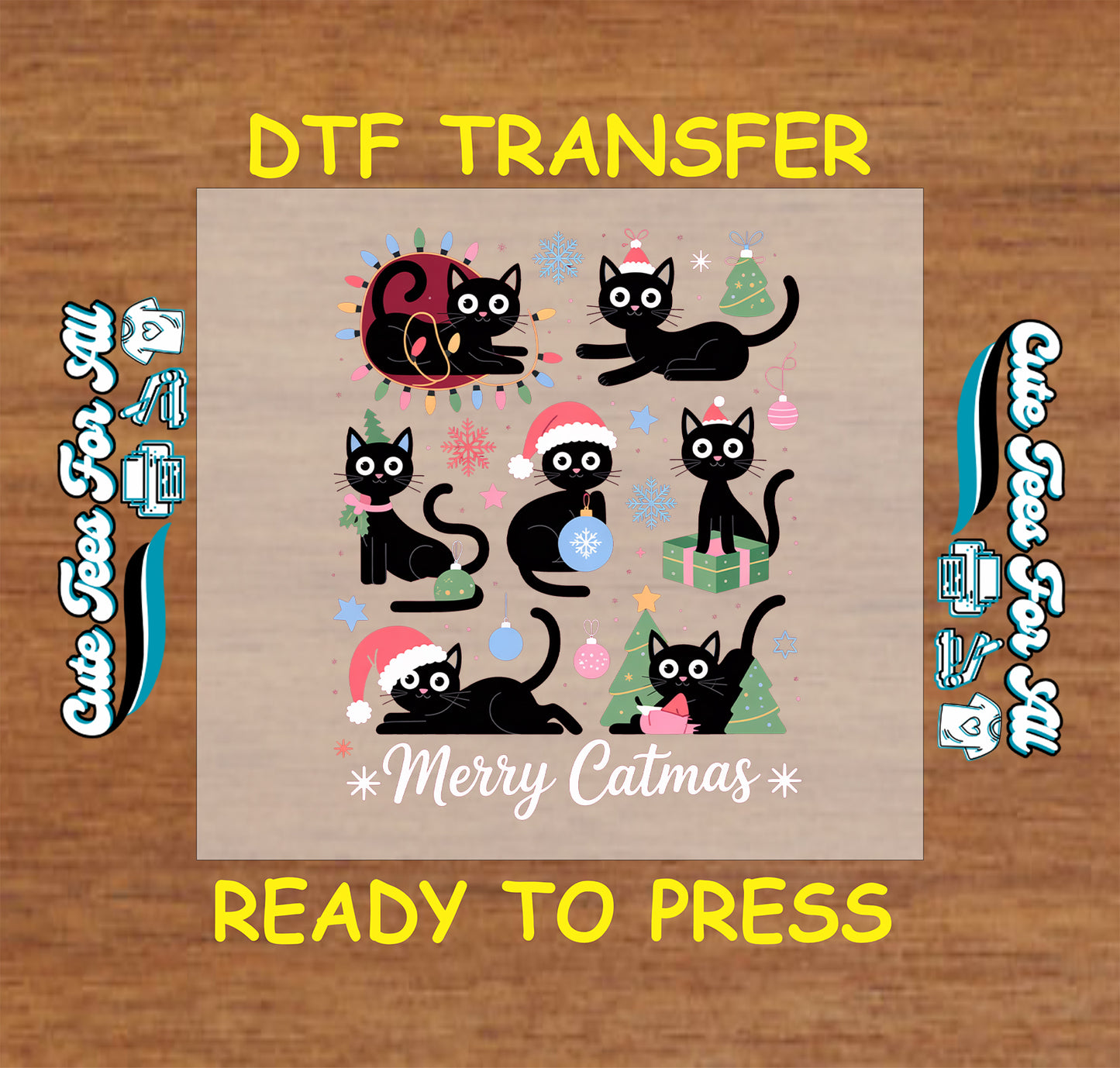 Christmas DTF transfer with Merry Catmas text, black cats in Santa hats, ornaments, and gifts.