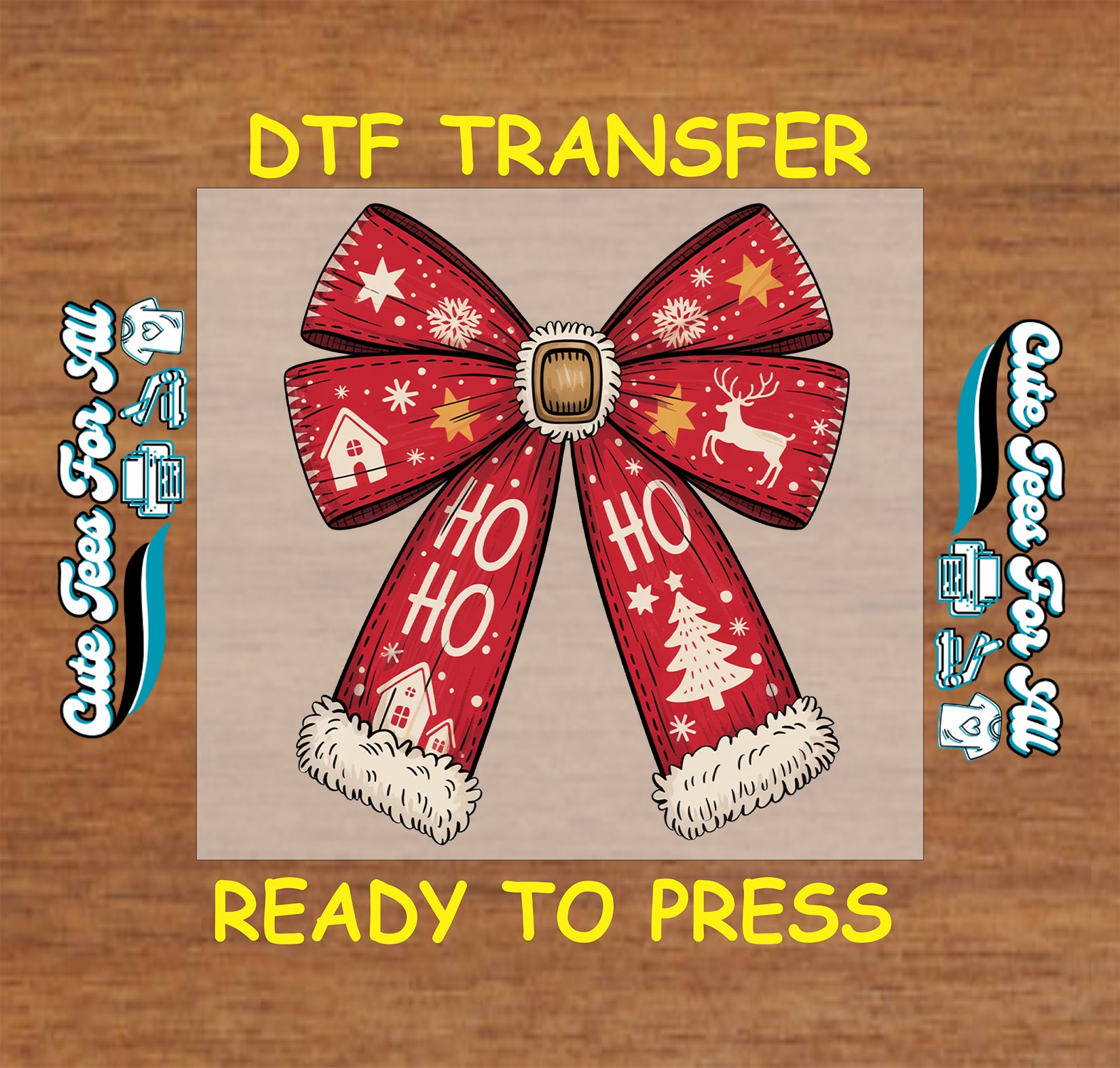 Christmas DTF transfer with red holiday bow, Ho Ho Ho text, and winter icons.