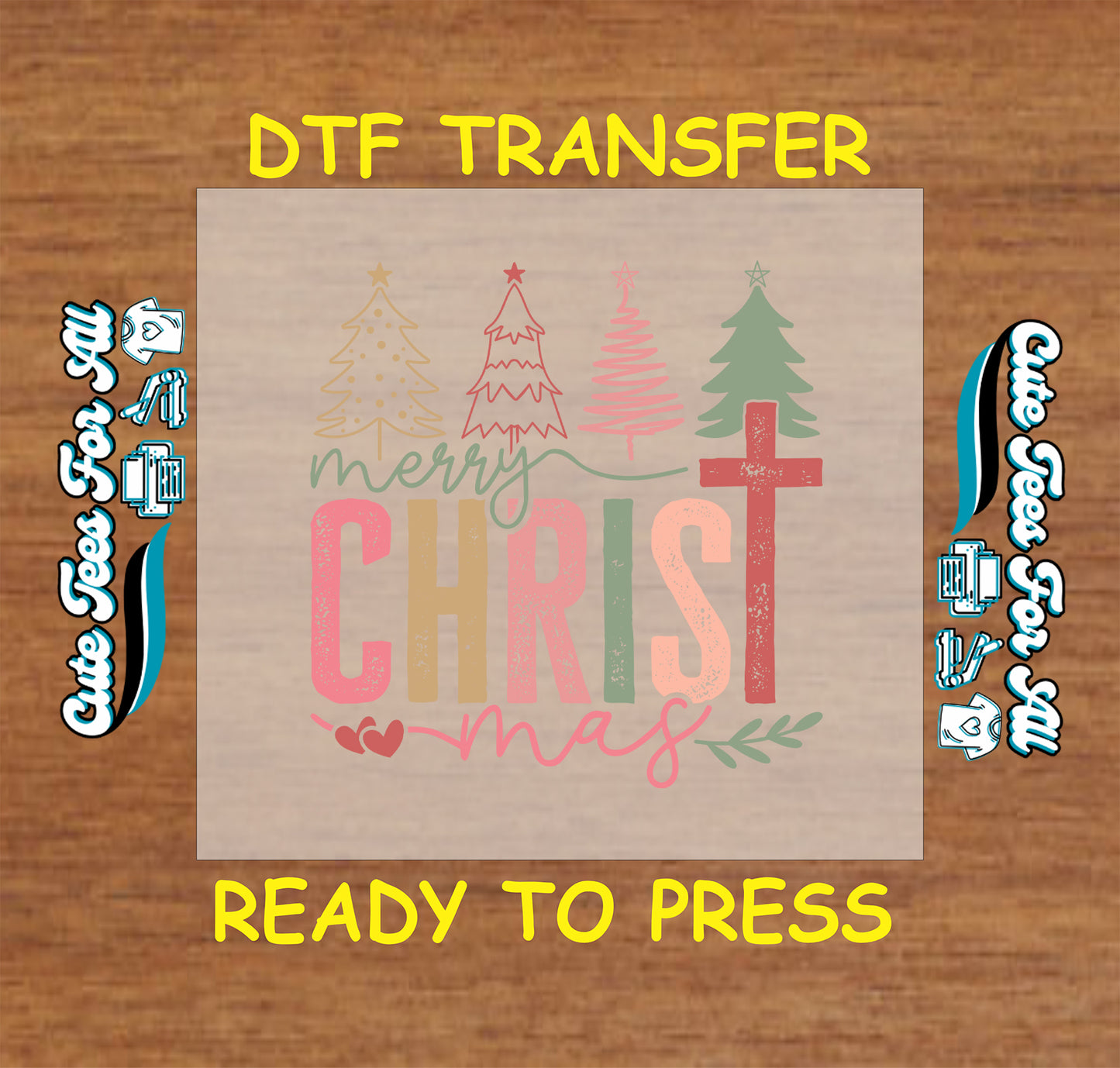 Christmas DTF transfer with Merry Christmas text, cross, and pastel Christmas trees.