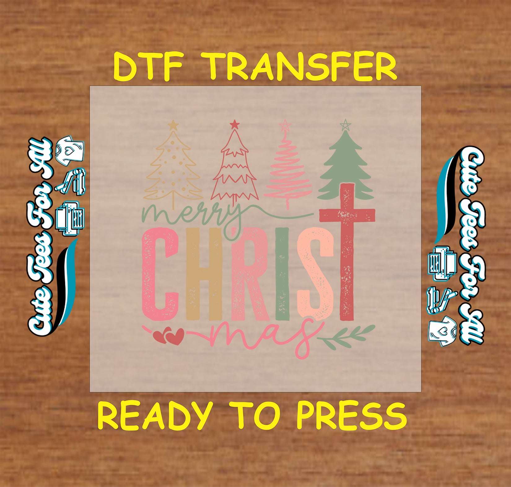 Christmas DTF transfer with Merry Christmas text, cross, and pastel Christmas trees.