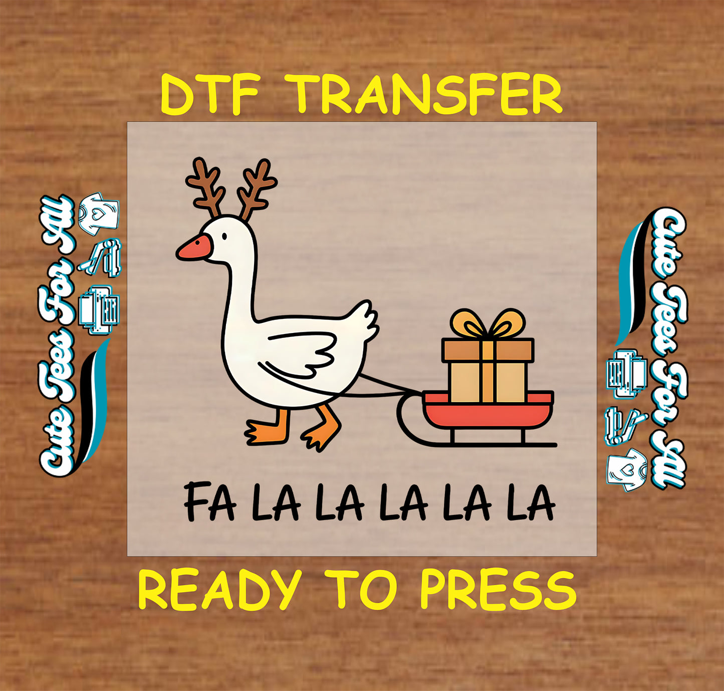 Christmas DTF transfer with goose in antlers pulling sled and Fa La La text.