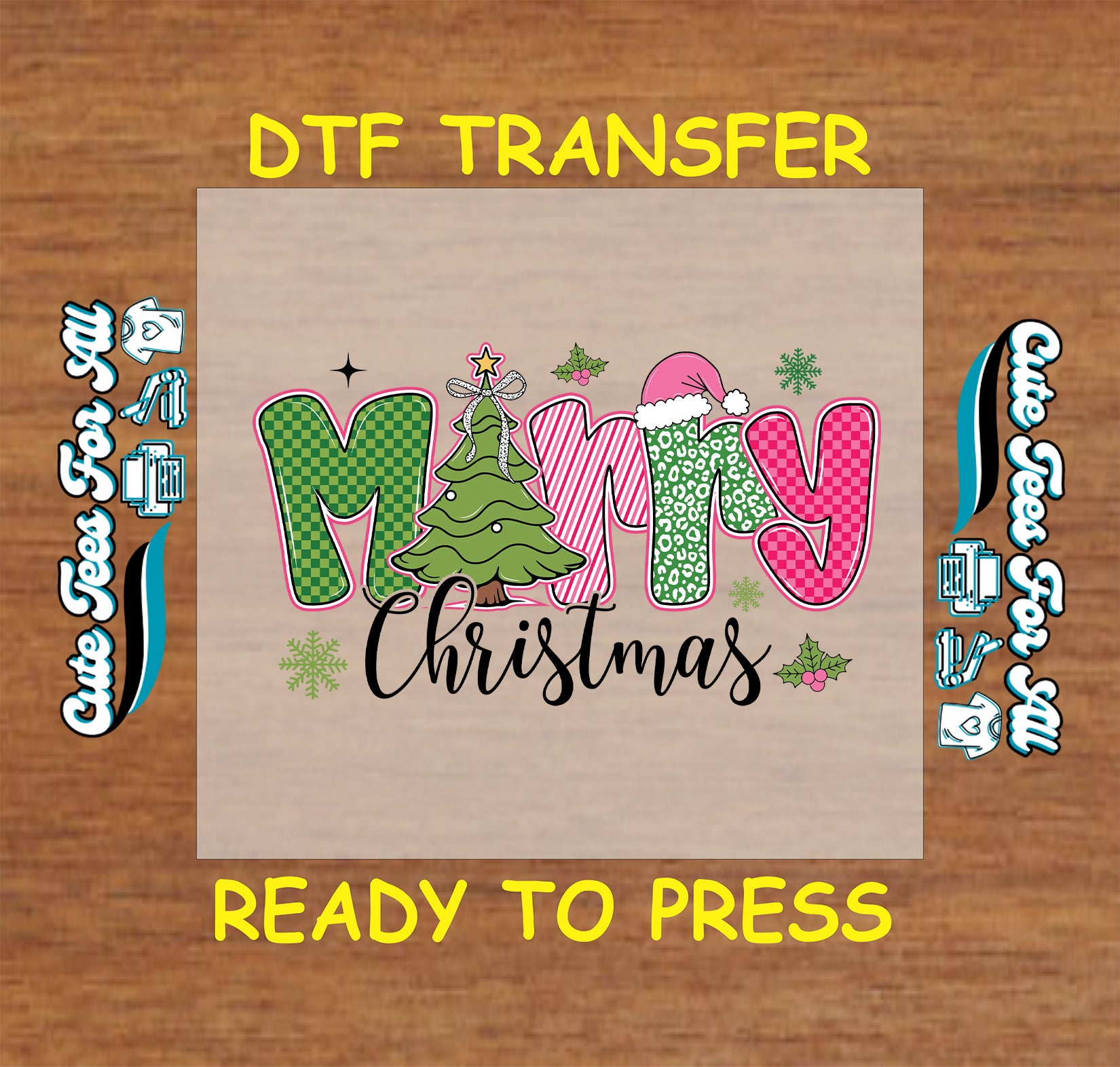 Christmas DTF transfer with Merry Christmas letters, tree, Santa hat, and snowflakes, ready to press dtf for DIY shirts