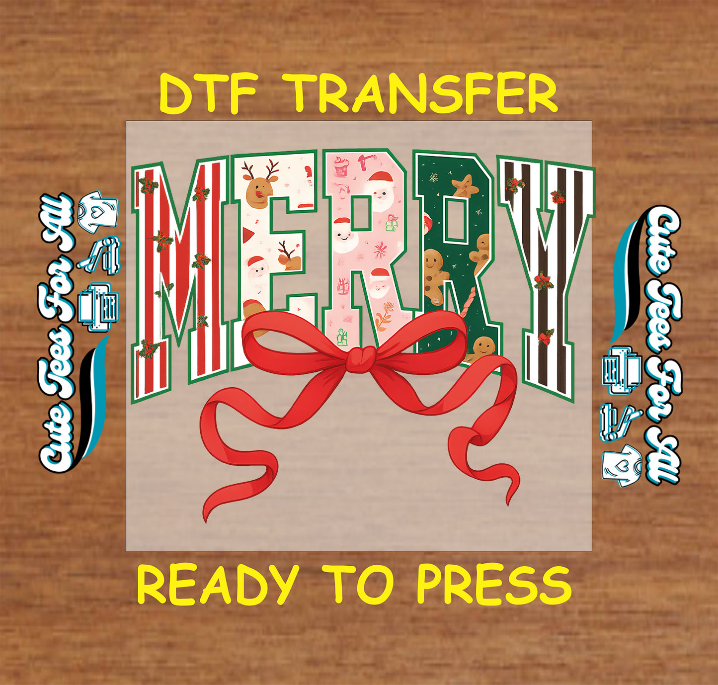 Christmas DTF transfer with Merry letters, Santa, reindeer, gingerbread, holly, and red bow, ready to press dtf for DIY shirts