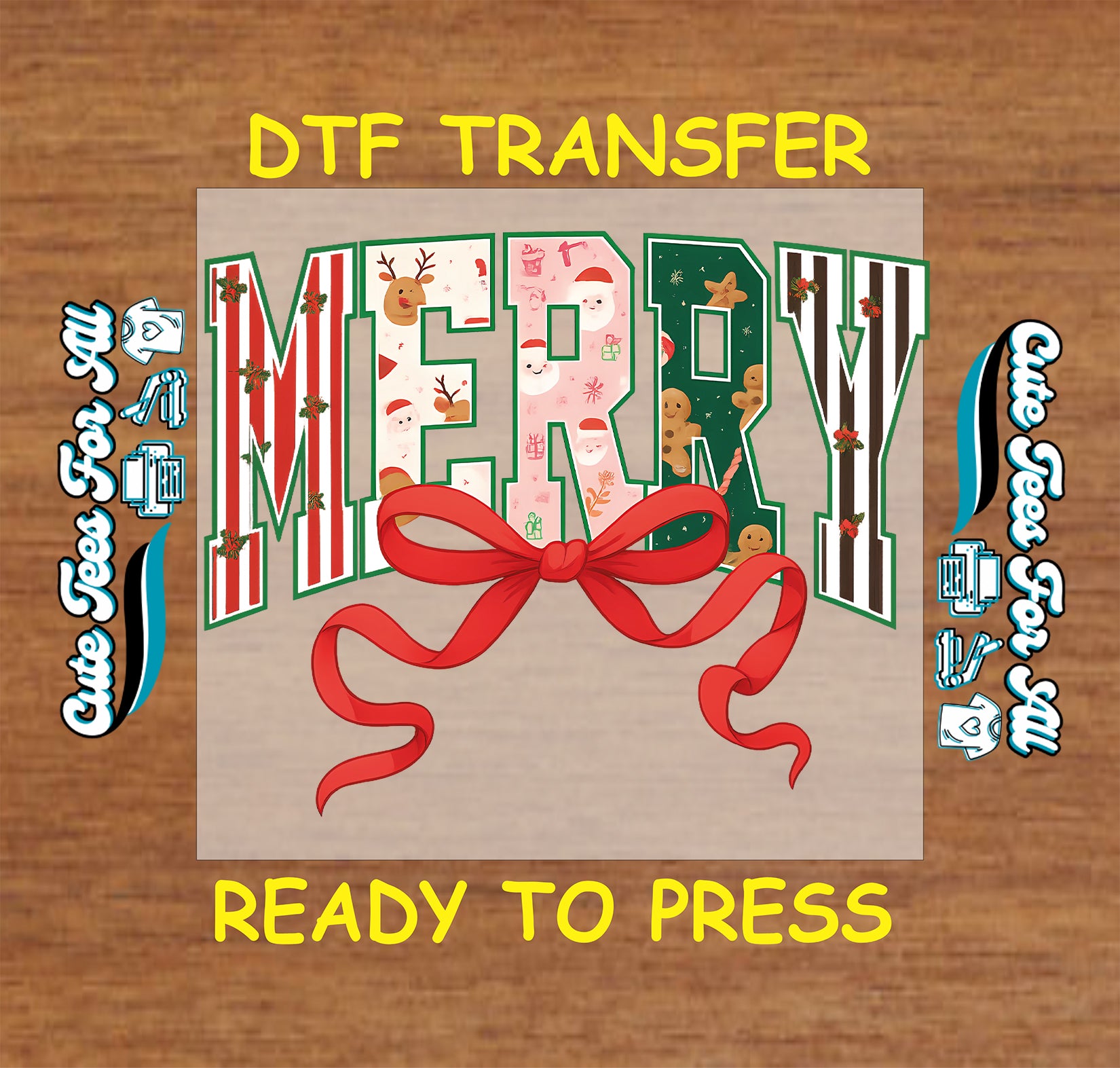 Christmas DTF transfer with Merry letters, Santa, reindeer, gingerbread, holly, and red bow, ready to press dtf for DIY shirts