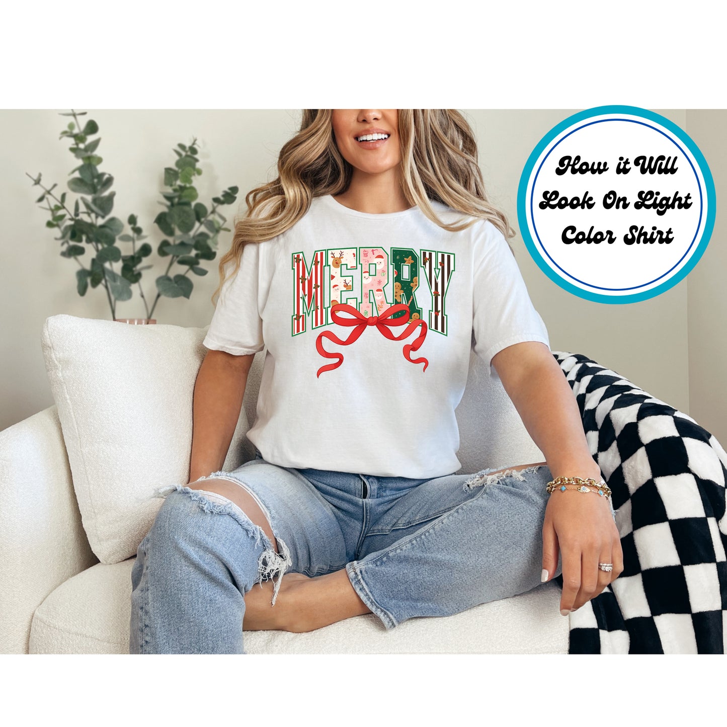 Christmas DTF Transfer – Merry Letters with Santa, Reindeer, Gingerbread and Bow Ready to Press Iron On Heat Transfer for DIY Shirts 11652