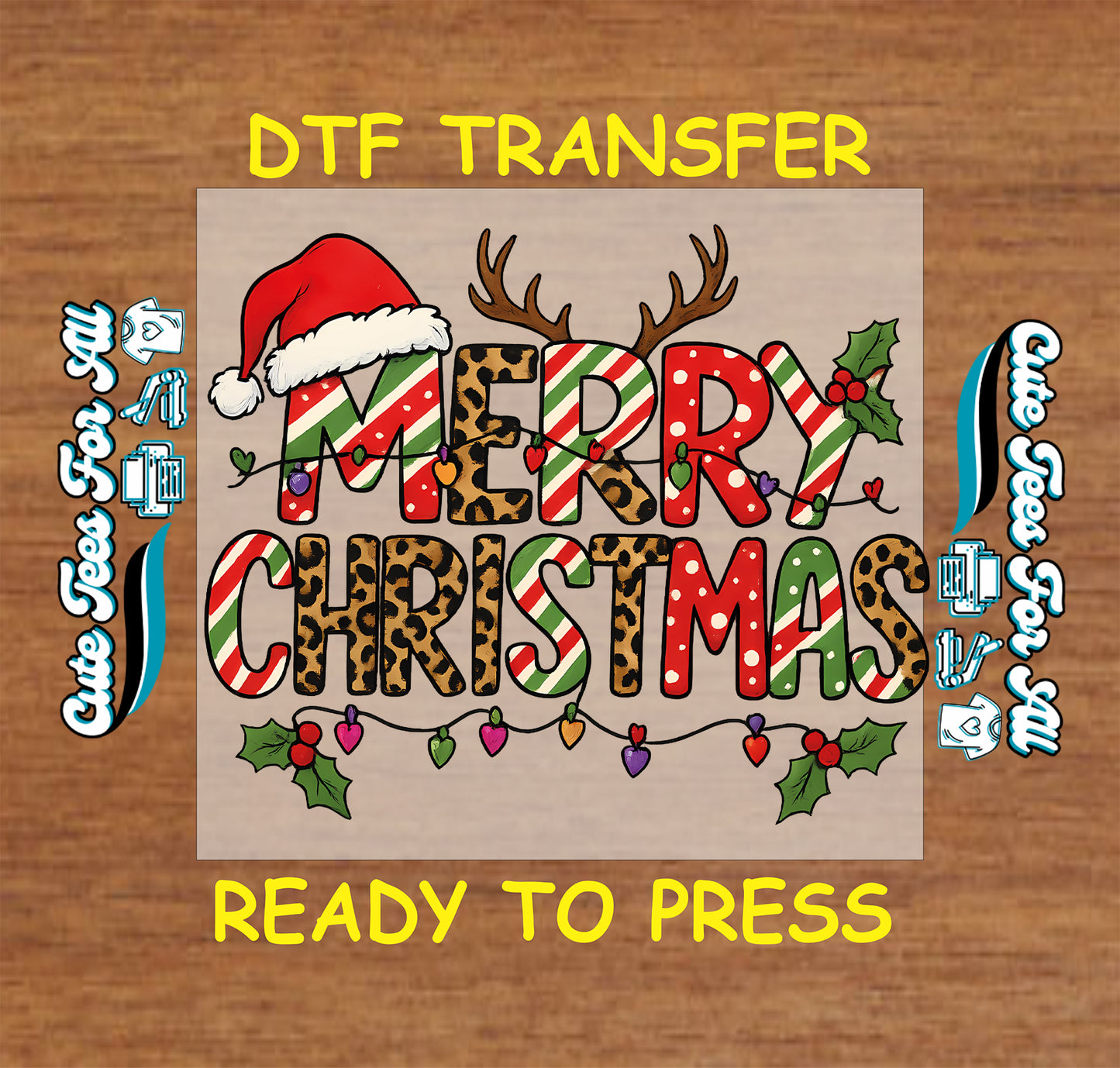 Christmas DTF transfer with Merry Christmas letters, Santa hat, antlers, leopard print, and lights, ready to press dtf for DIY shirts