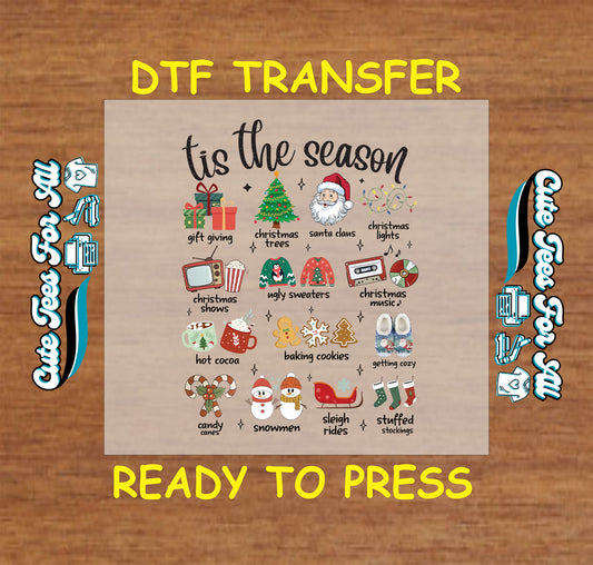 Christmas DTF transfer with ’Tis the Season text, Santa, tree, sweaters, stockings, cocoa, cookies, and lights, ready to press dtf for DIY shirts