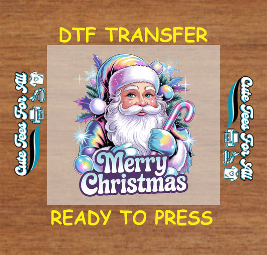 Christmas DTF transfer with retro Santa, candy cane, ornaments, sparkles, and Merry Christmas text, ready to press dtf for DIY shirts