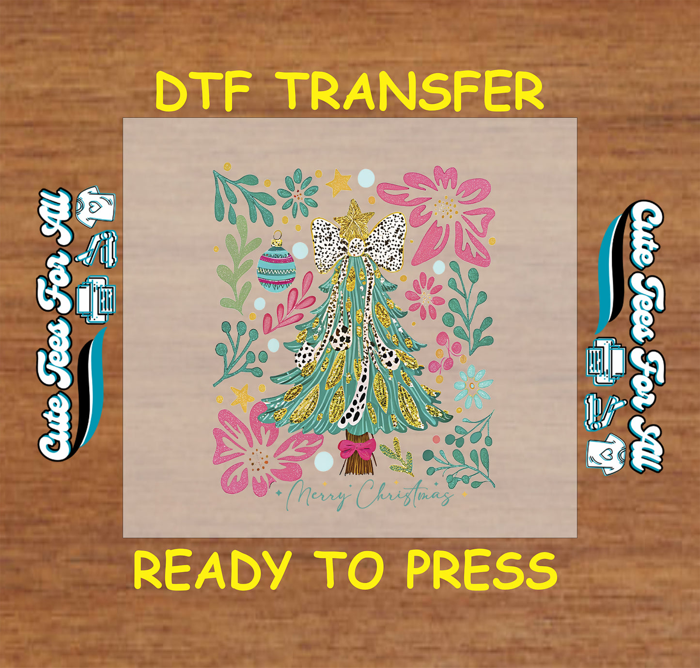 Christmas DTF transfer with decorated tree, gold star, bow, flowers, ornaments, and Merry Christmas text, ready to press dtf for DIY shirts