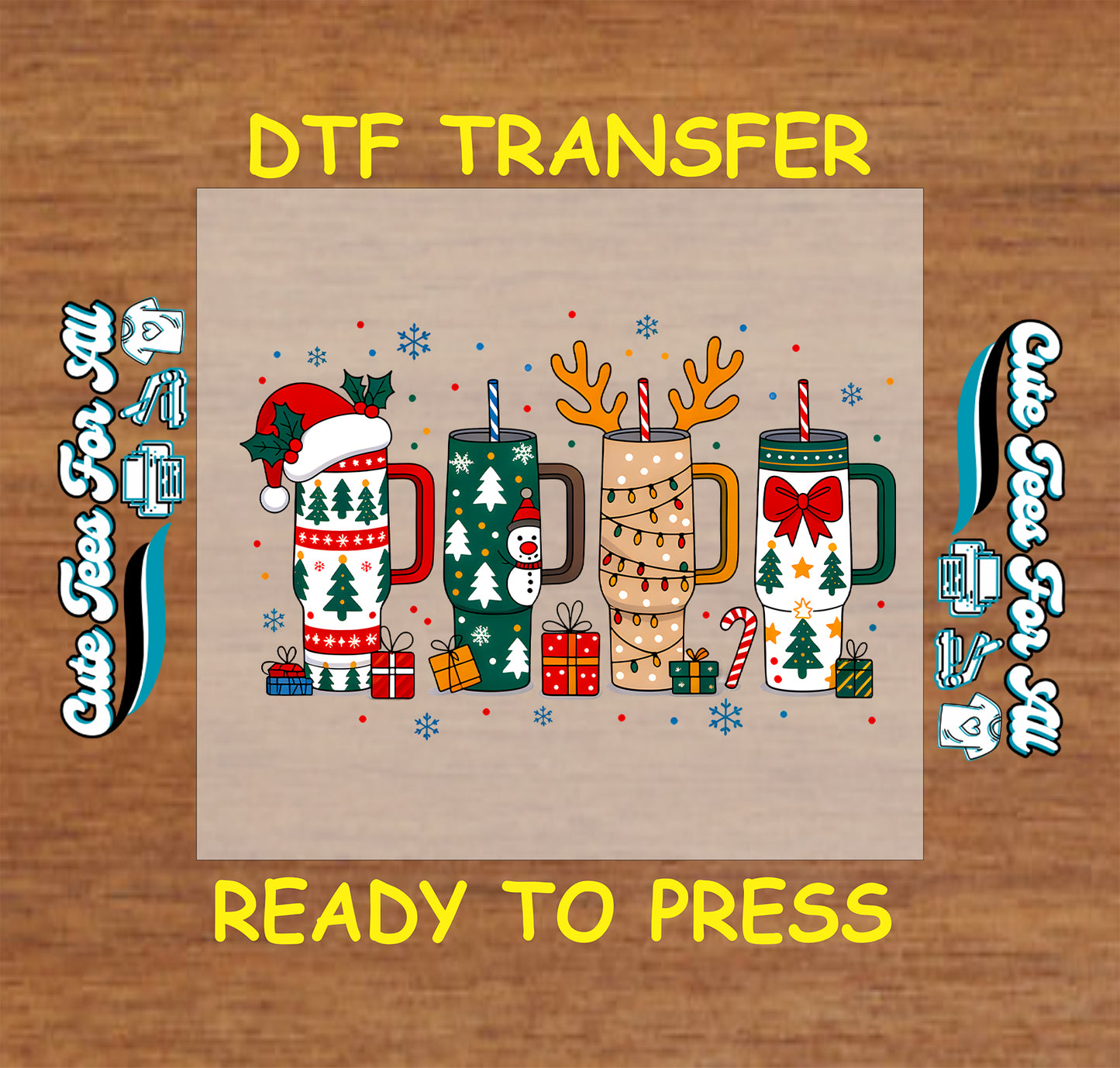 Christmas DTF transfer with holiday coffee mugs, Santa hat, reindeer antlers, snowflakes, and gifts, ready to press dtf for DIY shirts