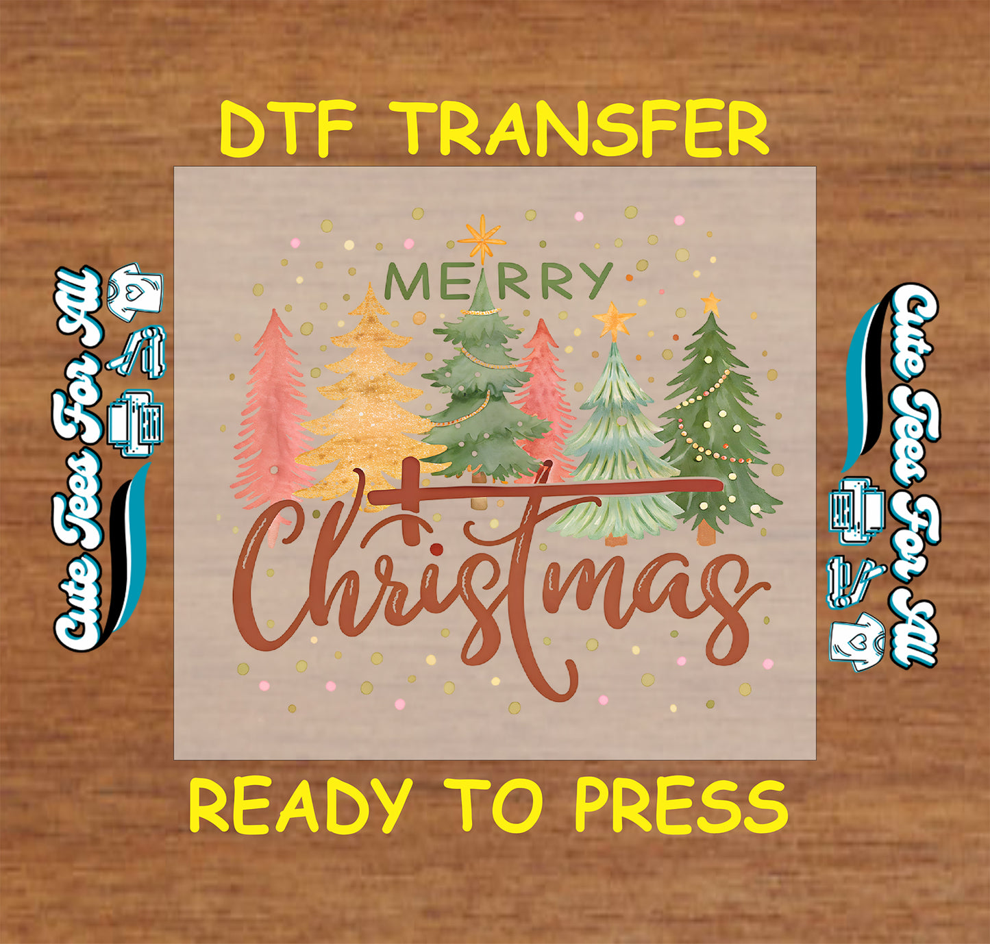 Christmas DTF transfer with Merry Christmas text, festive trees, gold stars, and confetti accents, ready to press dtf for DIY shirts