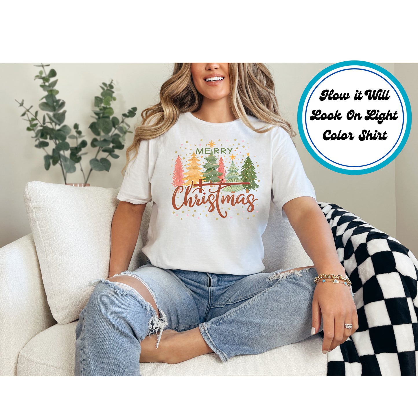 Christmas DTF Transfer – Merry Christmas with Festive Trees and Gold Accents Ready to Press Iron On Heat Transfer for DIY Shirts 11659