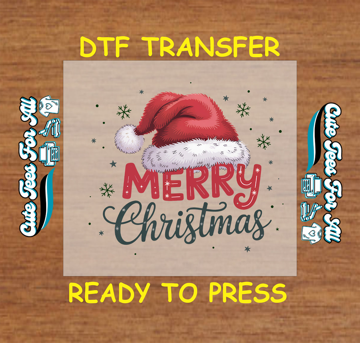 Christmas DTF transfer with Merry Christmas text, Santa hat, and snowflakes, ready to press dtf for DIY shirts