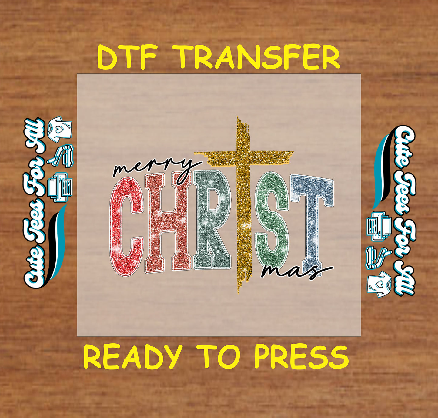 Christmas DTF transfer with Merry Christmas text, distressed letters, and golden cross, ready to press dtf for DIY shirts