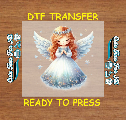 Christmas DTF transfer with praying angel, wings, floral crown, and sparkling gown, ready to press dtf for DIY shirts
