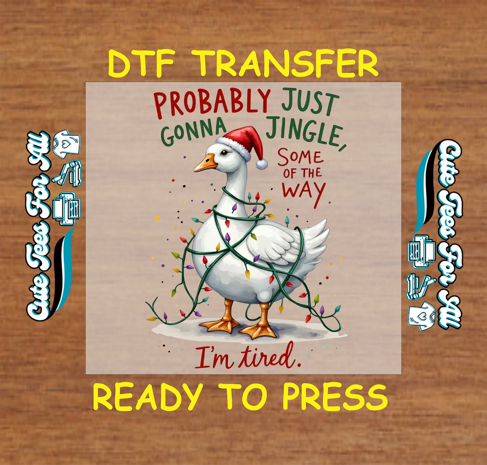 Funny Christmas goose with Santa hat wrapped in lights ready to press DTF iron on heat transfer for DIY shirts