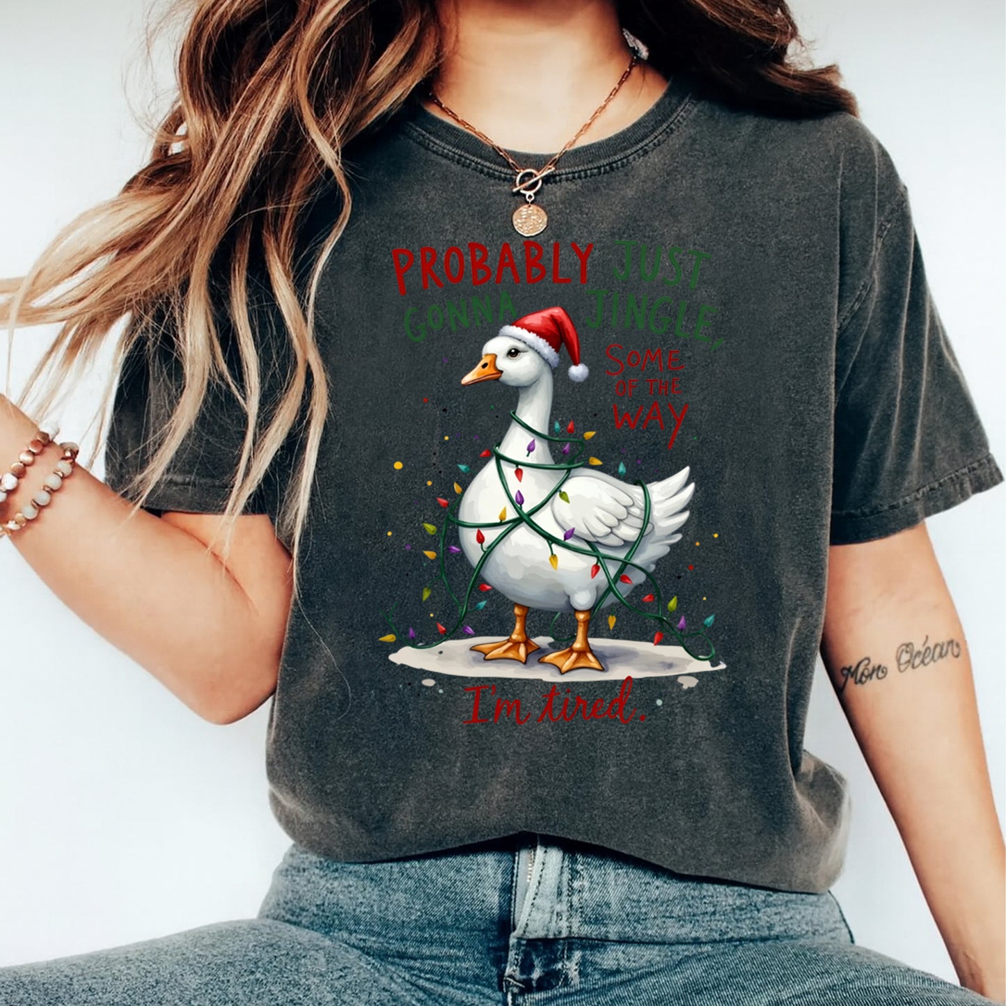 Christmas DTF Transfer – Funny Goose Wrapped in Lights with Santa Hat Ready to Press Iron On Heat Transfer for DIY Shirts 11676